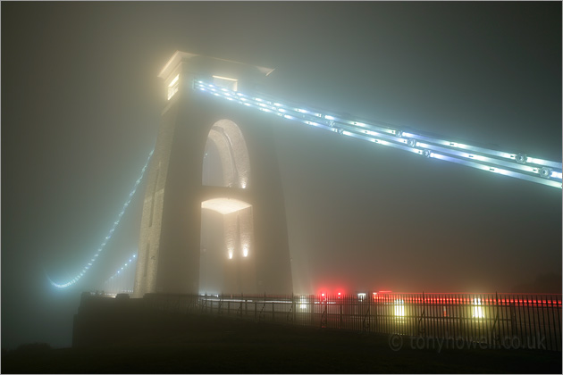 Clifton Suspension Bridge, Bristol, Night, Mist, lights