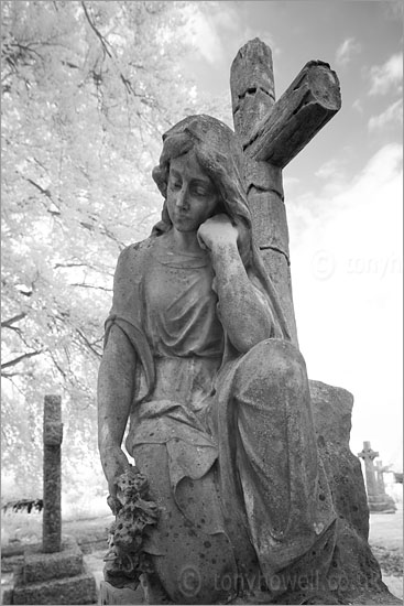 Graveyard Angel Sculpture (Infrared Camera, turns foliage white)