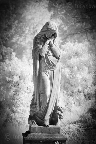 Graveyard Angel Sculpture (Infrared Camera, turns foliage white)