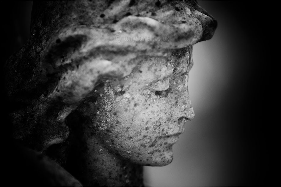 Graveyard Angel Sculpture (Infrared Camera, turns foliage white)