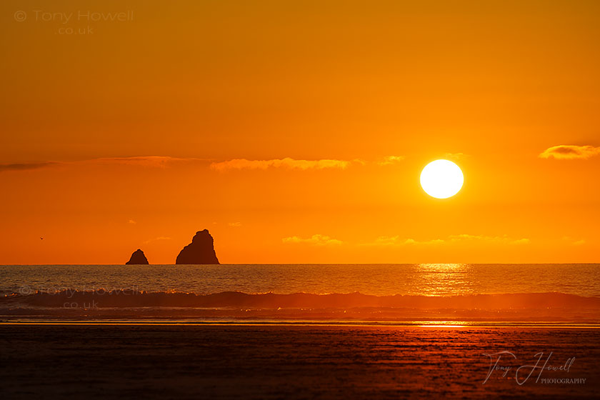 Perranporth, Sunset, Cow and Calf (Bawden Rocks)