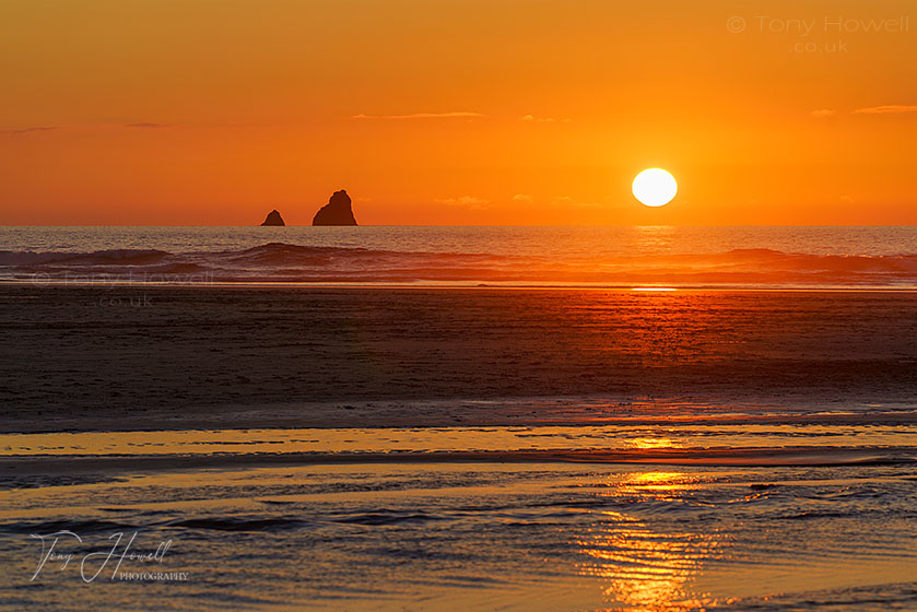 Perranporth, Sunset, Cow and Calf (Bawden Rocks)