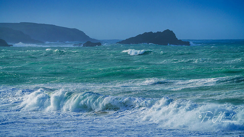 Sunset Rock from Little Fistral Beach, Stormy Sea