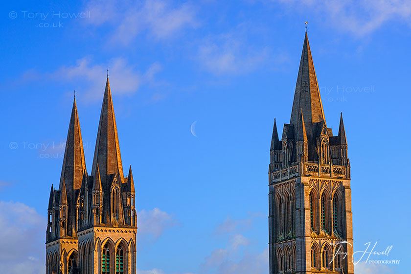 Truro Cathedral Spires, Sunrise, Moon