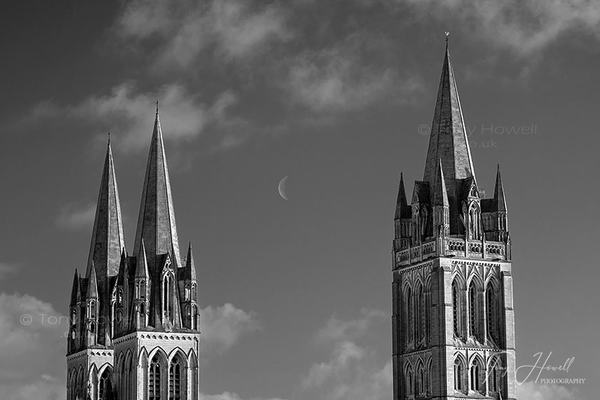 Truro Cathedral Spires, Sunrise, Moon